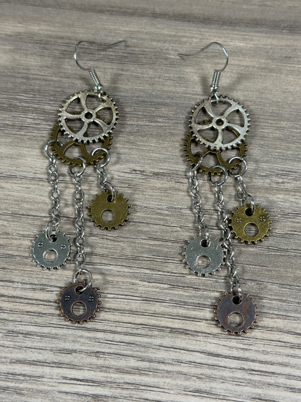 Steampunk Multi-Gear Dangle Earrings in Silver and Brass